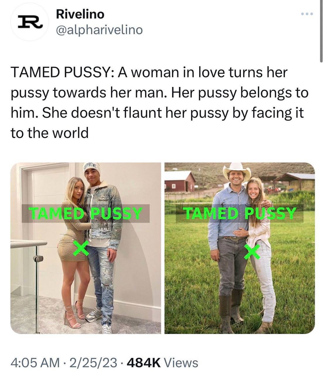 Rivelino @alpharivelino TAMED PUSSY: A woman in love turns her pussy towards her man. Her pussy belongs to him. She doesn't flaunt her pussy facing it to the world у 4:05 2/25/23 Views