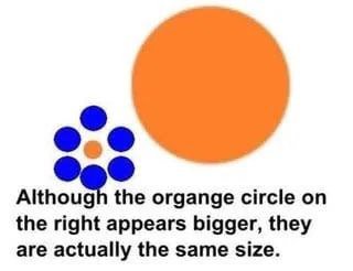 Although the organge circle on the right appears bigger, they are actually the same size.
