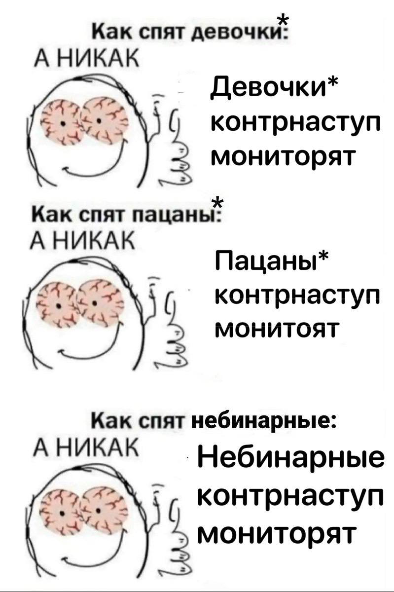 Как спят девочки: А НИКАК A> Девочки* A A контрнаступ “A> мониторят Как спят пацаны" А НИКАК Пацаны* A> контрнаступ МОНИТОЯТ Как спят небинарные: А НИКАК ‚Небинарные A> ate an контрнаступ мониторят