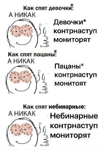 Как спят девочки: А НИКАК A> Девочки* A A контрнаступ “A> мониторят Как спят пацаны" А НИКАК Пацаны* A> контрнаступ МОНИТОЯТ Как спят небинарные: А НИКАК ‚Небинарные A> ate an контрнаступ мониторят