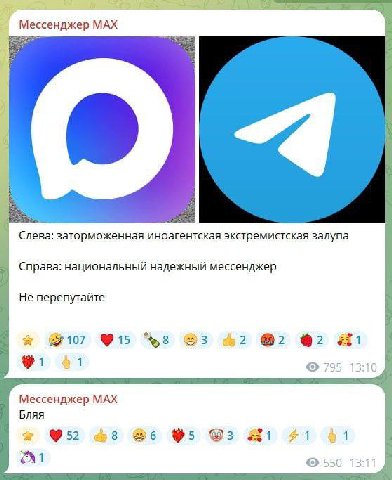 Мессенджер МАХ Слева: заторможенная иноагентская экстремистская залупа Справа: национальный надежный мессенджер Не перепутайте @107 62 @2 @i 41 795 13:10 Мессенджер MAX Бляя a #1 41 550 13:11