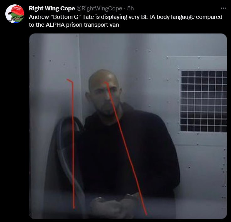 Right Wing Cope @RightWingCope Andrew “Bottom Tate is displaying very BETA body langauge compared to the ALPHA prison transport van