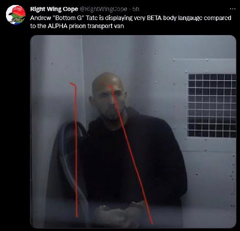 Right Wing Cope @RightWingCope Andrew “Bottom Tate is displaying very BETA body langauge compared to the ALPHA prison transport van