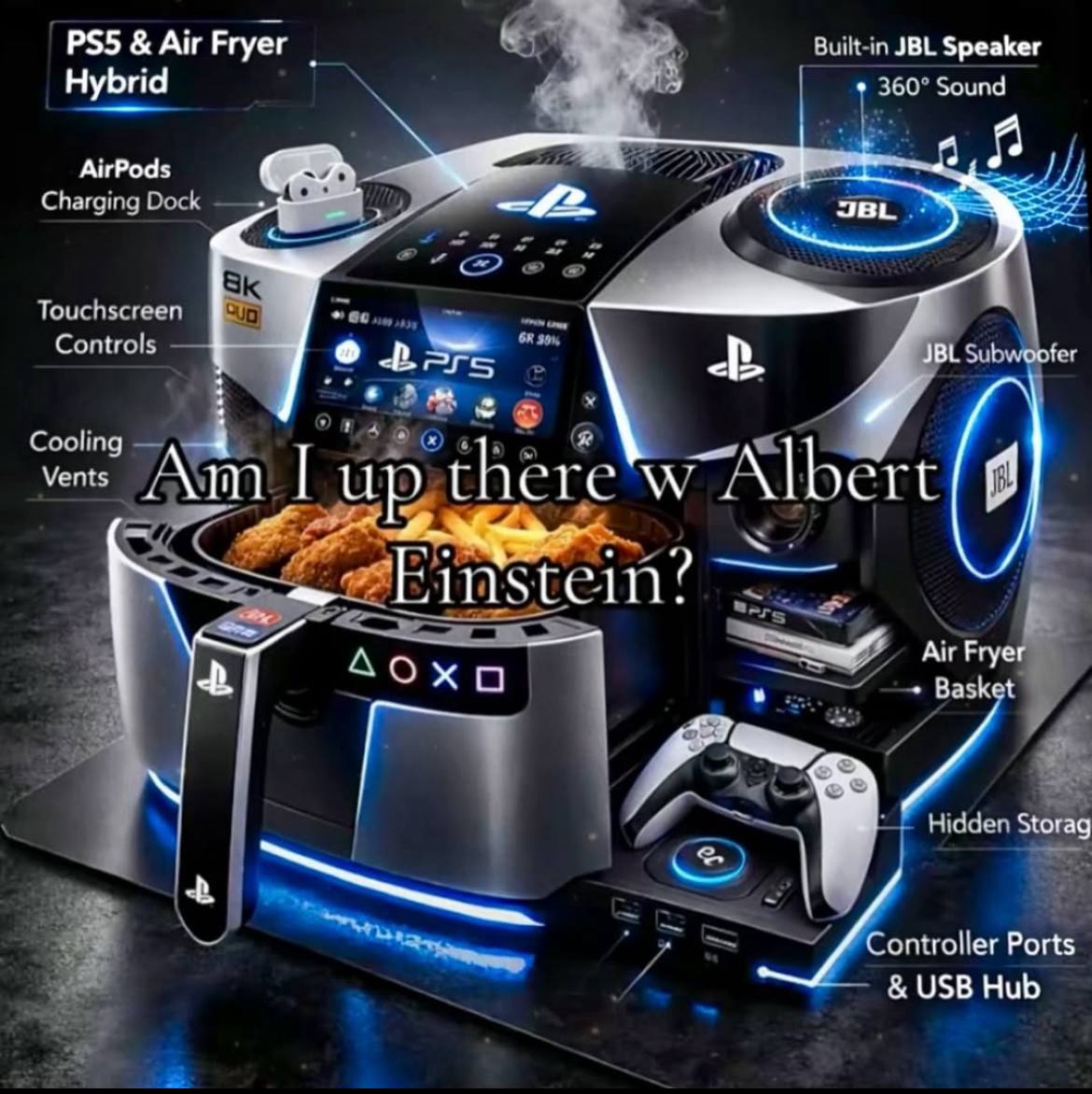 Air Fryer Built-in JBL Speaker Hybrid 360° Sound AirPods Charging Dock JBL Touchscreen Controls Subwooter Cooling Vents и there 115 Air Fryer Basket Hidden Storag ontroller Ports USB Hub