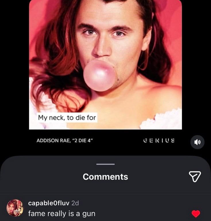neck, to die for ADDISON RAE, “2 DIE 4” Comments capableOfluv fame really is а gun