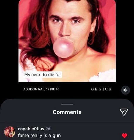 neck, to die for ADDISON RAE, “2 DIE 4” Comments capableOfluv fame really is а gun