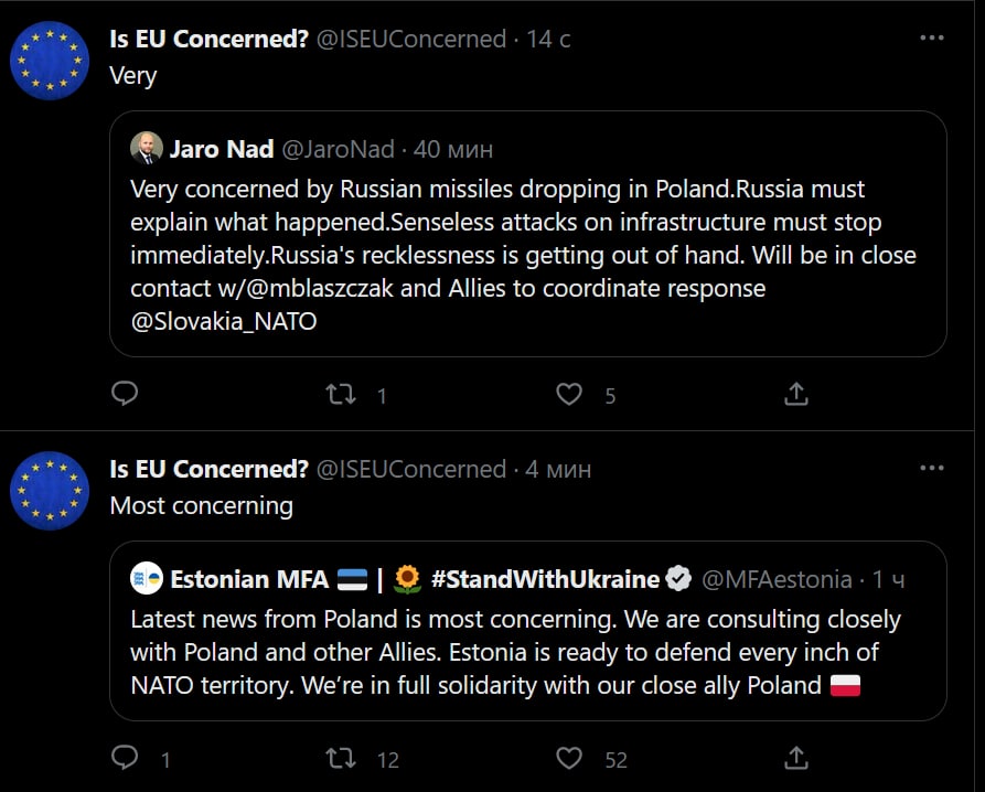 Is Concerned? 14 с ххх Very Jaro Nad @JaroNad 40 мин Very concerned Russian missiles dropping Poland.Russia must explain what happened.Senseless attacks on infrastructure must stop recklessness is get