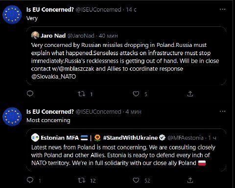 Is Concerned? 14 с ххх Very Jaro Nad @JaroNad 40 мин Very concerned Russian missiles dropping Poland.Russia must explain what happened.Senseless attacks on infrastructure must stop recklessness is get