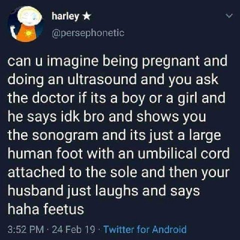 harley @persephonetic can и imagine being pregnant and doing an ultrasound and you ask the doctor if its a boy or a girl and he says idk bro and shows you the sonogram and its just a large human foot 