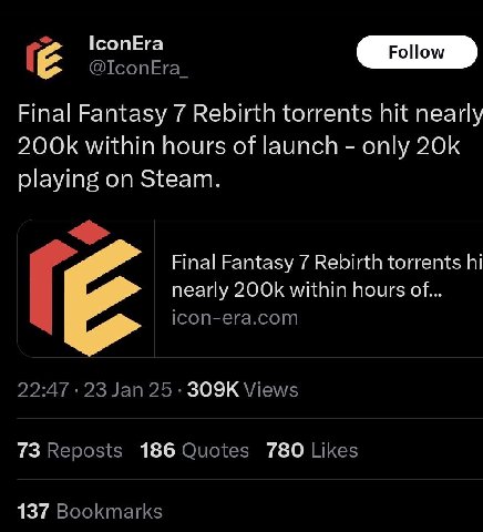 @ТсопЕга_ Final Fantasy 7 Rebirth torrents hit nearly within hours of launch only playing on Steam. Final Fantasy 7 Rebirth torrents nearly within hours of... icon-era.com 22:47 23 Jan 25 Views 73 Rep