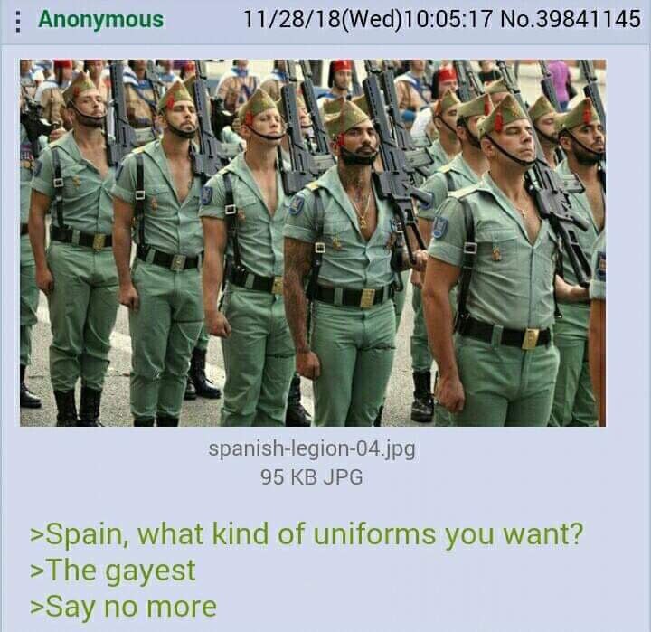 Anonymous 11/28/18(Wed)10:05:17 No.39841145 4 95 JPG >Spain, what kind of uniforms you want? >The gayest >Say no more