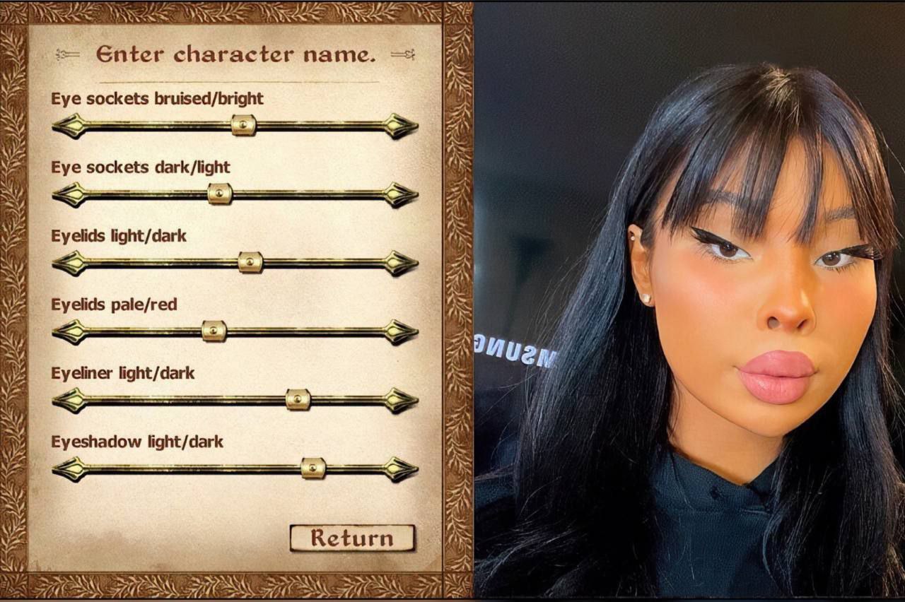LASS Enter character name. Eye sockets bruised/bright Eye sockets dark/light Eyelids dark i= Eyelids pale/red Eyeliner light/dark у 241 We Eyeshadow light/dark if Return 74 я А