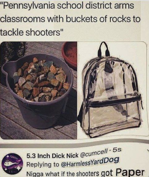 "Pennsylvania schoo! district arms classrooms with buckets of rocks to tackle shooters" 4 5.3 Inch Dick .25 Replying to @Нагтез$Уа rdDog Nigga what if the shooters got Рарег