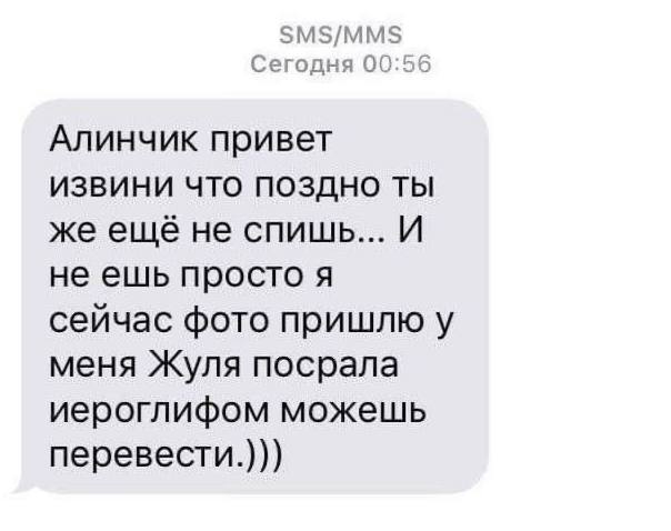 SMS/MMS Сегодня 00:56 Алинчик привет ИЗВИНИ ЧТО ПОЗДНО ТЫ же ещё не спишь... И не ешь просто я сейчас фото пришлю у меня Жуля посрала иероглифом можешь перевести.)))