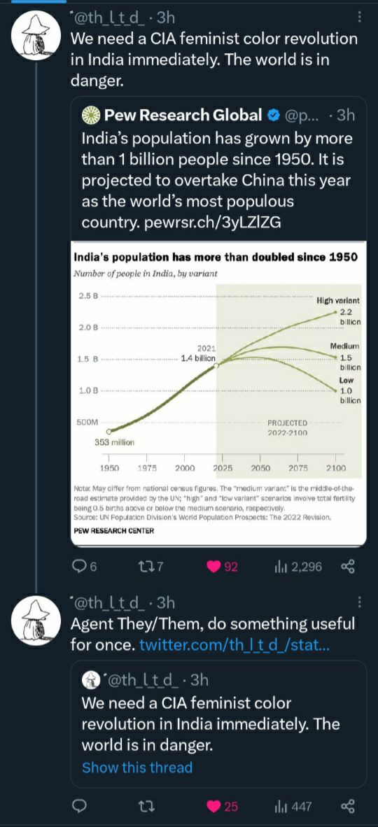 Ltd We need a CIA feminist color revolution in India immediately. The world is in danger. Pew Research Global India’s population has grown more than 1 billion people since 1950. It is projected to ove