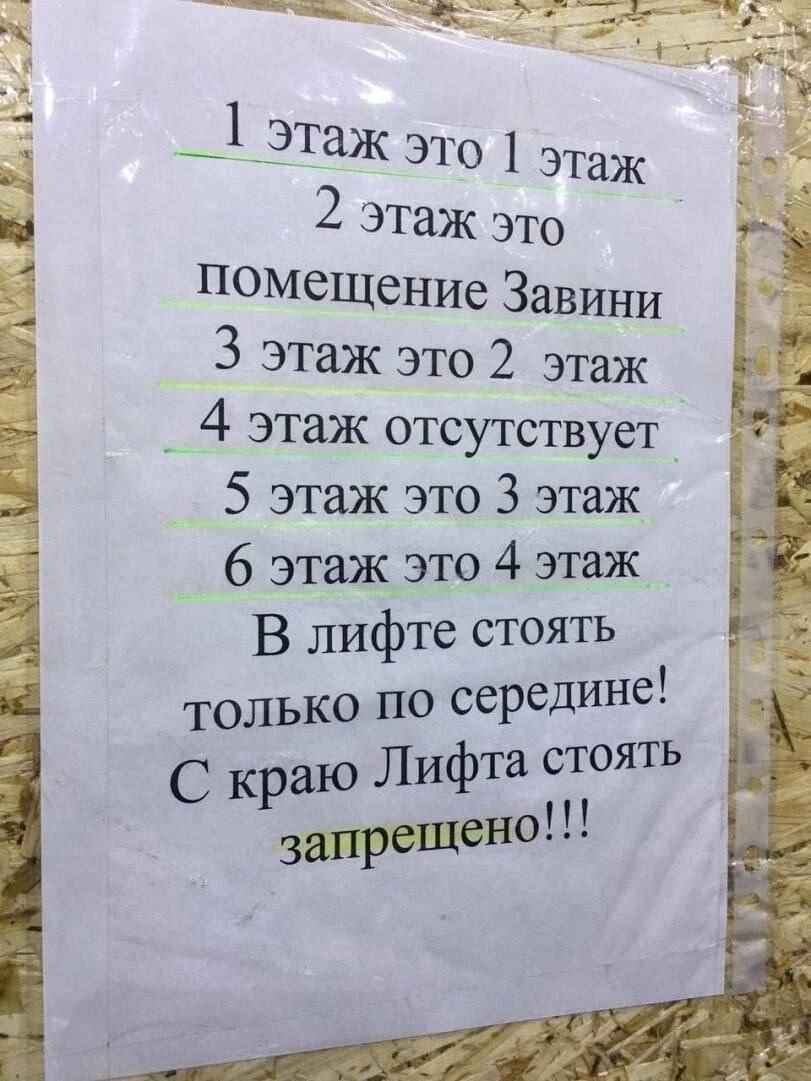 у этаж это 1 этаж Этаж это помещение Завини 3 этаж это 2 этаж 4 этаж отсутствует 5 этаж это 3 этаж 6 этаж это 4 этаж В лифте стоять TOJIbKO ПО середине! С краю Лифта стоять