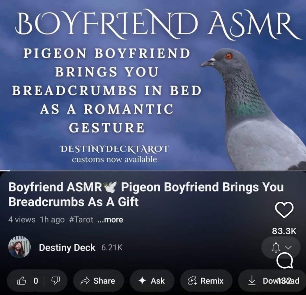 PIGEON BOYFRIEND BRINGS YOU BREADCRUMBS IN BED AS A ROMANTIC GESTURE customs пом available Boyfriend ASMR +4 Pigeon Boyfriend Brings You Breadcrumbs As A Gift more Destiny Deck 0 Share Ask Remix