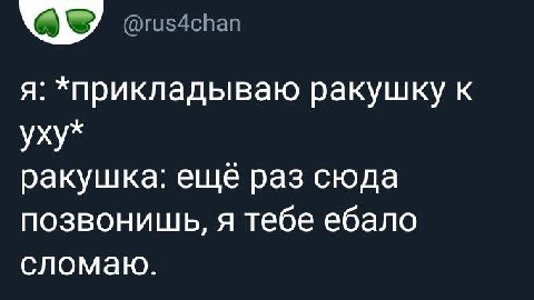 я: *прикладываю ракушку к уху* ракушка: еще раз сюда позвонишь, я тебе ебало сломаю.