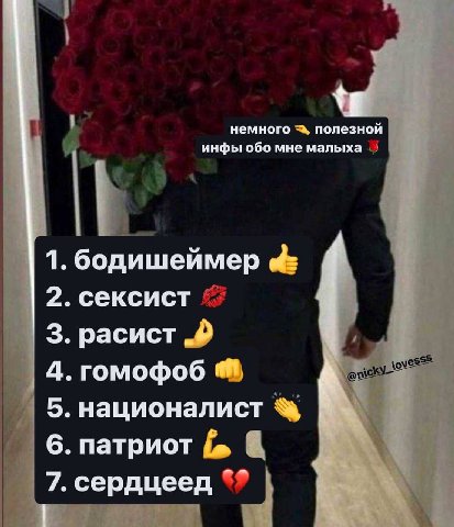 у немного полезной инфы обо мне малыха 1. бодишеймер 2. сексист 3. расист 4. гомофоб 5. националист 6. патриот 7. сердцеед