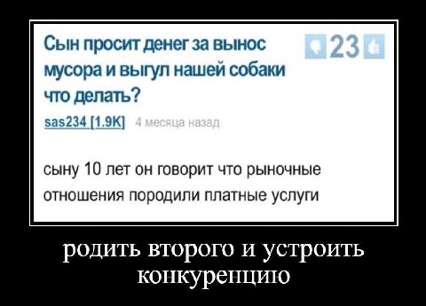 Сын просит денег 3a вынос мусора и выгул нашей собаки что делать? 5а$234 сыну 10 лет он говорит что рыночные отношения породили платные услуги родить второго и устроить конкуренцию