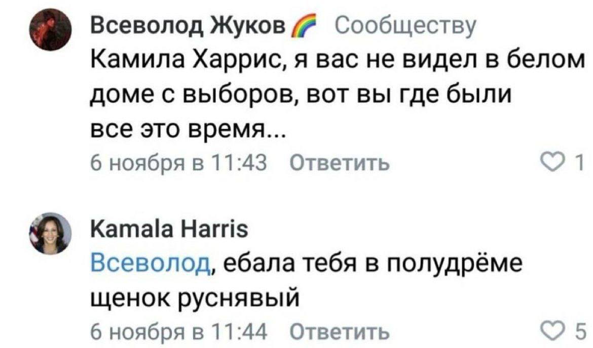 Всеволод Жуков Сообществу Камила Харрис, я вас не видел в белом доме с выборов, вот вы где были все это время... 6 ноября в 11:43 Ответить Kamala Harris Всеволод, ебала тебя в полудрёме щенок руснявый