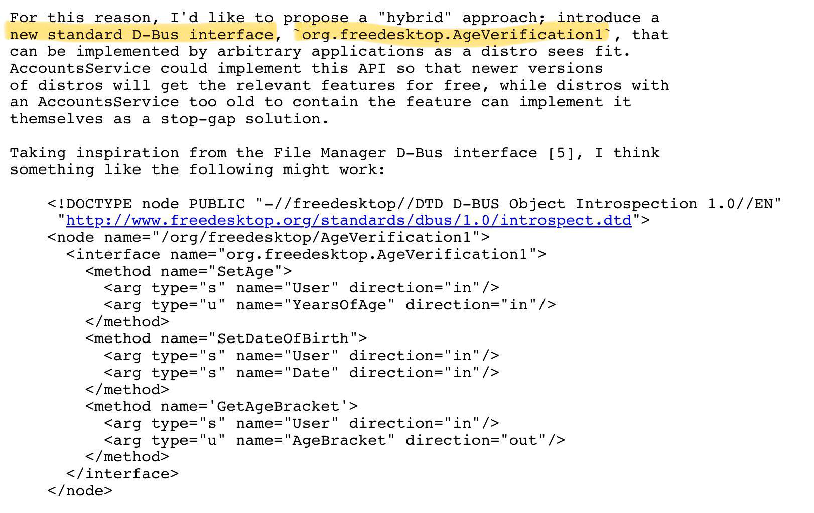 For this reason, like to propose а "hybrid" approach; introduce а new standard D-Bus interface, that can be implemented arbitrary applications as a distro sees fit. AccountsService could implement thi