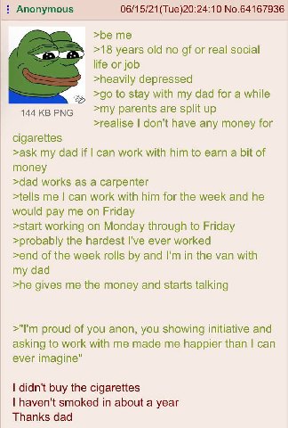 Anonymous 06/15/21 No.64167936 >be me >18 years old no or real social life or job >heavily depressed to stay with my dad for a while 144 PNG >my parents are split up >realise don't have any money for 