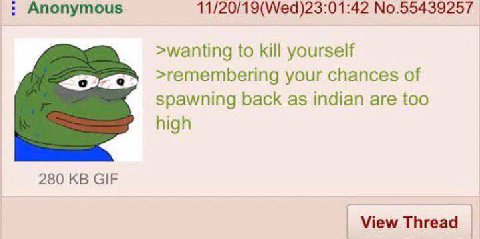 Anonymous 11/20/19(Wed)23:01:42 No.55439257 >wanting to kill yourself >remembering your chances of spawning back as indian are too high 280 GIF View Thread