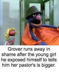 runs away in shame after the young girl he exposed himself to tells him her pastor's is bigger.