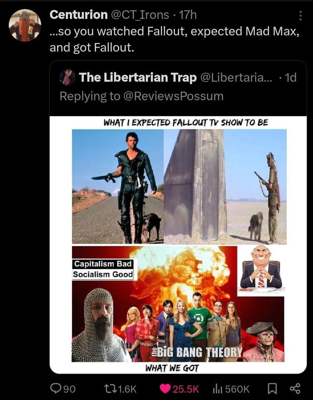 Centurion ОСТ Irons ...50 you watched Fallout, expected Mad Max, and got Fallout. У The Libertarian Trap @Libertaria... Replying to @ReviewsPossum WHAT EXPECTED FALLOUT SHOW ТО BE Socialism 4 a 3 4 BA