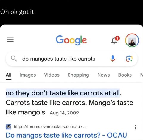 got it Google 0 mangoes taste like carrots Images Videos Shopping News Books no they don't taste like carrots at all. Carrots taste like carrots. Mango's taste like mango's. Aug 14, 2009 https://forum