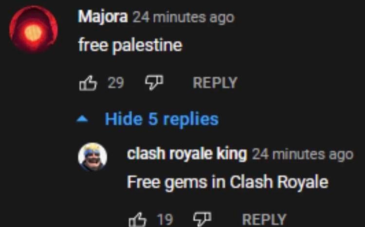 Марюга 24 minutes ago free palestine 4 29 REPLY Hide 5 replies clash royale king 24 minutes ago Free gems in Clash Royale 19 REPLY