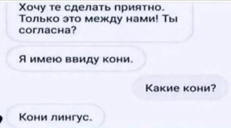 Хочу сделать приятно. Только это между нами! Ты согласна? Я имею ввиду кони. Какие кони? Кони лингус.