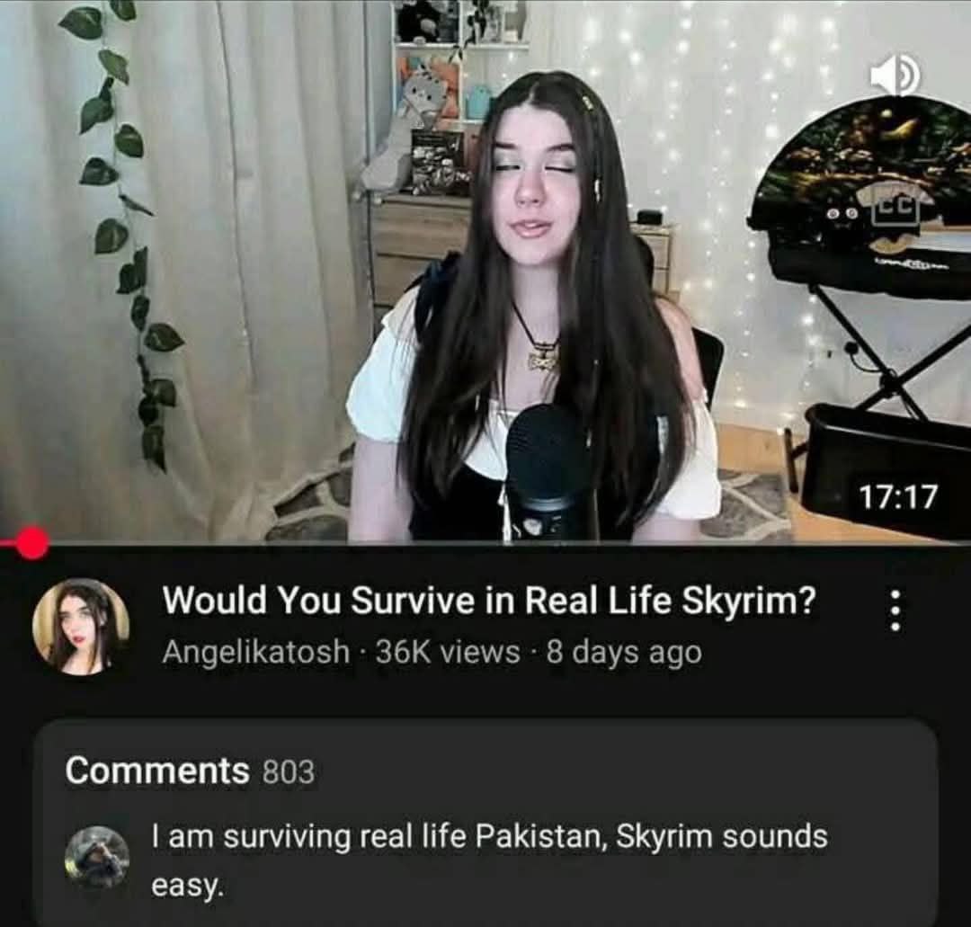 a К. у as axe 24 Would You Survive in Real Life Зкуйт? Angelikatosh views 8 days ago Comments 803 surviving real life Pakistan, Skyrim sounds easy.