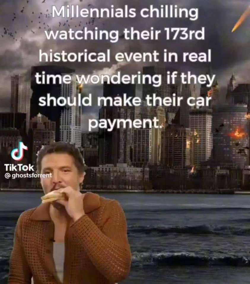 Millennials chilling watching their historical event in real time wondering if they should make their car payment. ghostsforrent