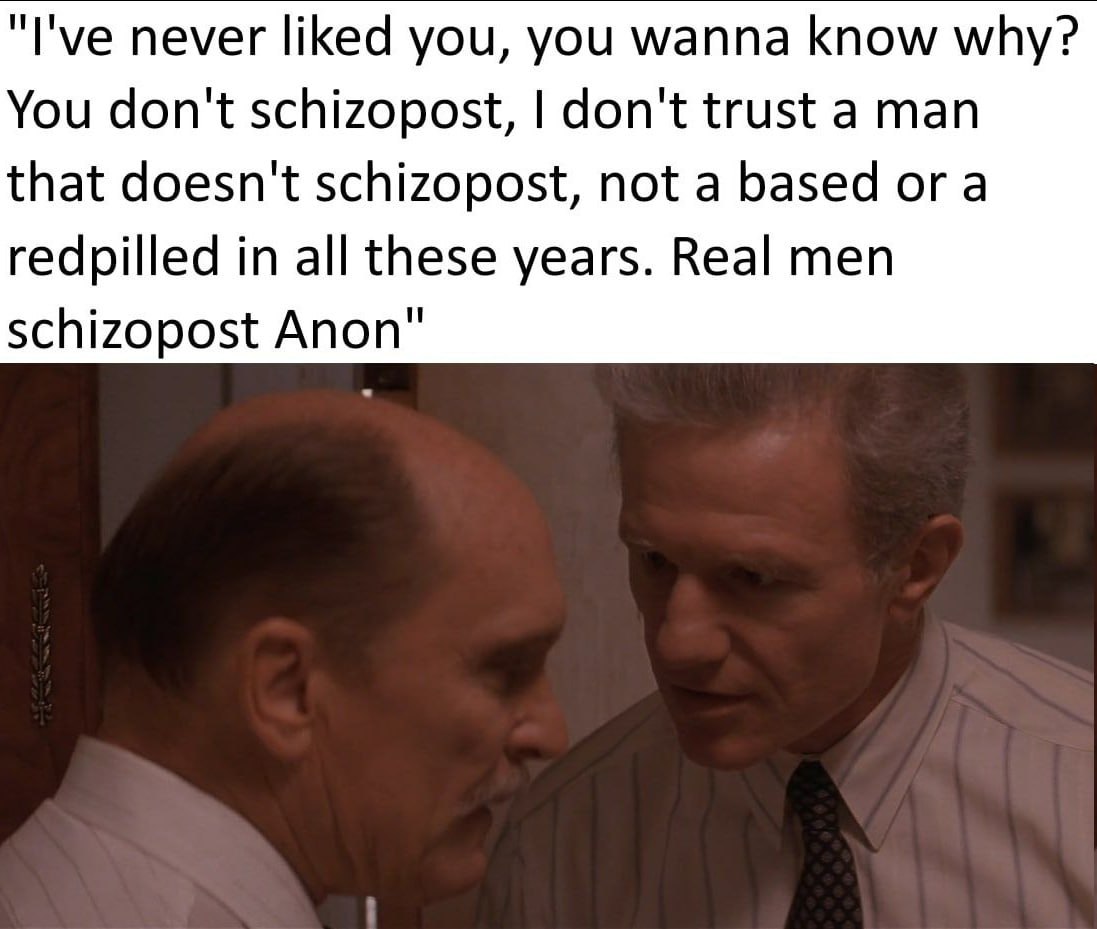 "I've never liked you, you wanna know why? You don't schizopost, don't trust a man that doesn't schizopost, not a based or a redpilled in all these years. Real men schizopost Anon"