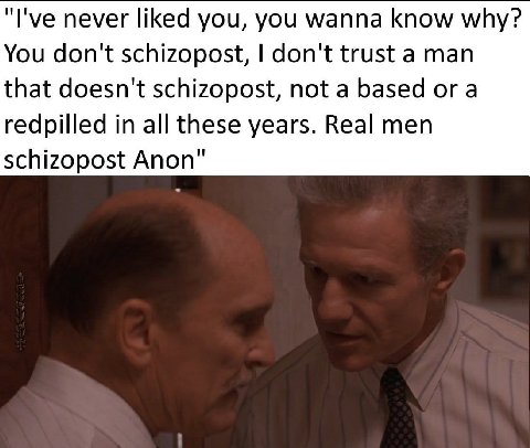 "I've never liked you, you wanna know why? You don't schizopost, don't trust a man that doesn't schizopost, not a based or a redpilled in all these years. Real men schizopost Anon"