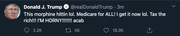 Donald Trump This morphine hittin lol. Medicare for ALL! get it now lol. Tax the rich!!! НОВМУНИИ! acab
