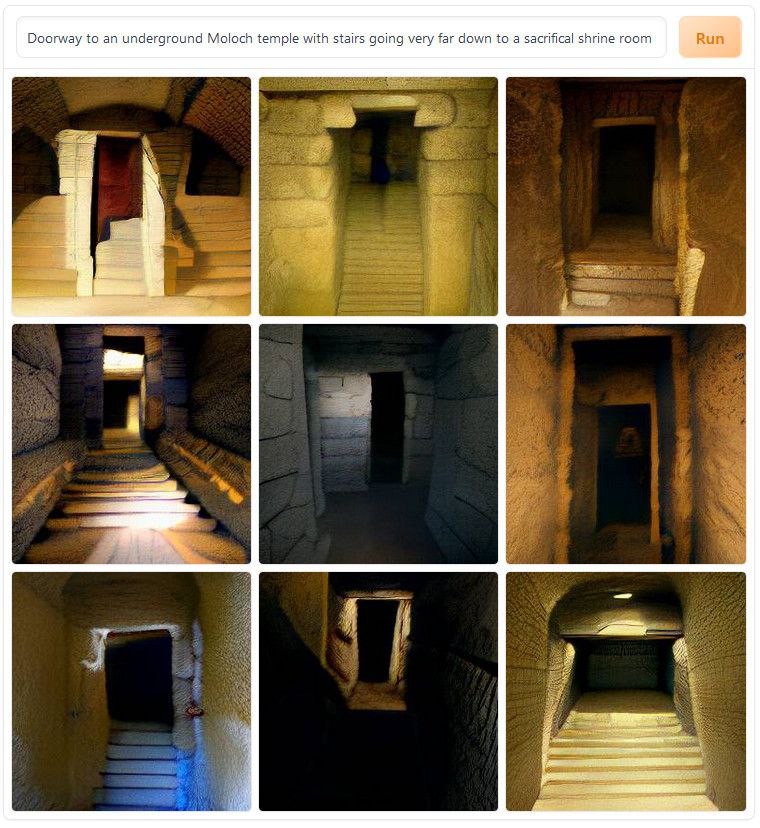 Вип Doorway to an underground Moloch temple with stairs going very far down to a sacrifical shrine room we