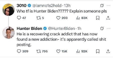 3010 Who is Hunter Biden????? Explain someone pls 47 11 5 203 Hunter Biden @HunterBiden: crack addict that has now a new addiction- it’s apparently called shit posting. 309 796