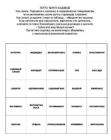 ЛОТТО "БИНГО-САДОВОД" Как играть. Подходите к магазину в садоводческом товариществе, останавливаетесь возле группы садоводов, слушаете Как только услышите слово из таблицы, обводите его кружком. Если 
