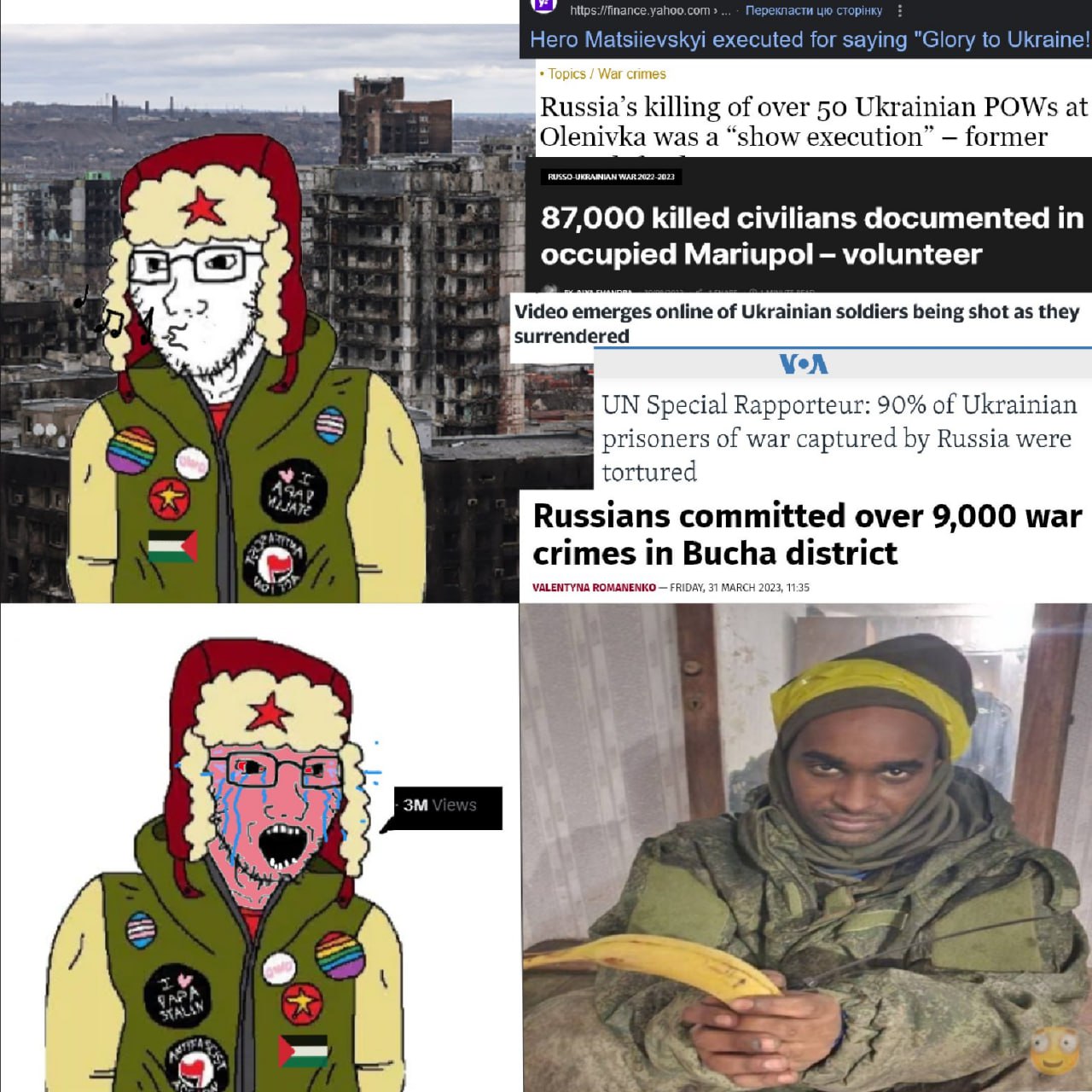hitps. finance.yahoo.con и Hero Matsiievskyi executed for saying "Glory to Ukraine! killing of over 50 Ukrainian POWs at Olenivka was a “show execution” former 2022 и 87,000 killed civilians documente