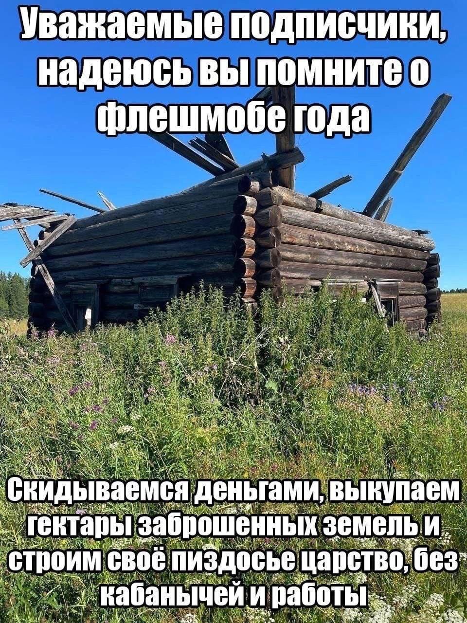 Уважаемые подписчики надеюсь вы помните 0 флешмобе года a i, a A скидываемся деньгами, выкупаем заброшенных земельи ‚строим своб пиздосье царство, bes И работы