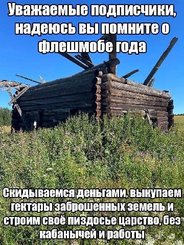 Уважаемые подписчики надеюсь вы помните 0 флешмобе года a i, a A скидываемся деньгами, выкупаем заброшенных земельи ‚строим своб пиздосье царство, bes И работы