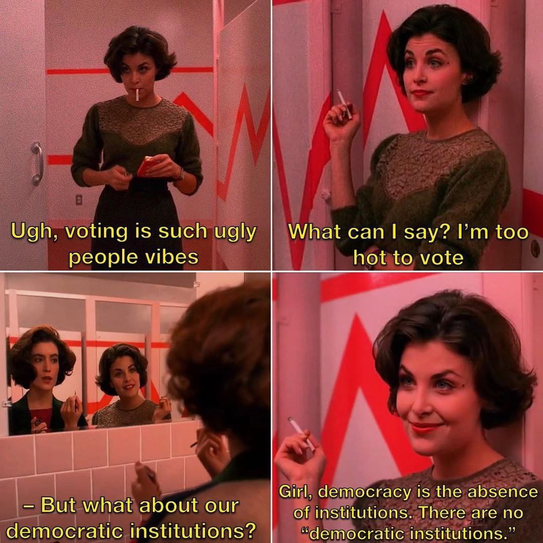 Ugh, voting is such ugly What сай зау? people vibes hot to vote Girl, democracy is the absence But what about our of institutions. There are no democratic institutions? “democratic institutions.”
