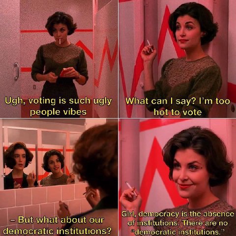 Ugh, voting is such ugly What сай зау? people vibes hot to vote Girl, democracy is the absence But what about our of institutions. There are no democratic institutions? “democratic institutions.”