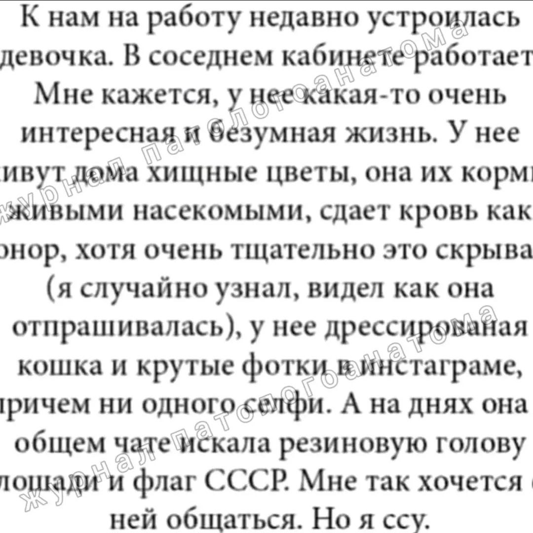 К нам на работу недавно устроилась девочка. В соседнем Мне кажется, у неекакая-то очень интересная и безумная жизнь. У нее ивут дома хищные цветы, она корм: живыми насекомыми, сдает кровь как хотя оче