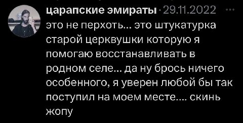 царапские эмираты 29.11.2022 я это не перхоть... это штукатурка старой церквушки которую я помогаю восстанавливать в родном селе... да ну брось ничего особенного, я уверен любой бы так поступил на мое