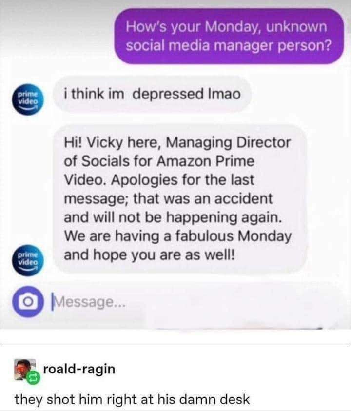 Ном/$ your Monday, unknown social media manager person? i think depressed Imao Vicky here, Managing Director of Socials for Amazon Prime Video. Apologies for the last message; that was an accident and
