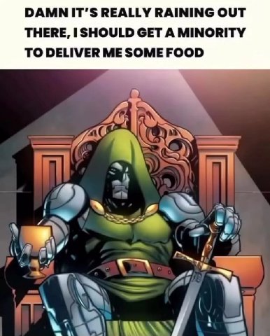 DAMN IT’S REALLY RAINING OUT THERE, SHOULD GET A MINORITY TO DELIVER ME SOME FOOD